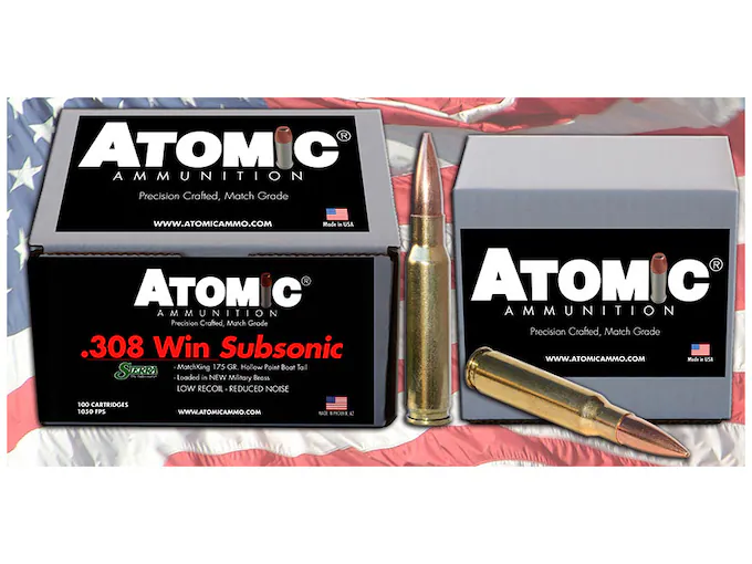 Buy Atomic Ammunition Match Subsonic 308 Winchester Ammo 175 Grain Sierra MatchKing Jacketed Hollow Point Box of 100 Buy Atomic Ammunition Match Subsonic 308 Winchester Ammo 175 Grain Sierra MatchKing Jacketed Hollow Point Box of 100 - Suppressors - Freedom Finger Triggers